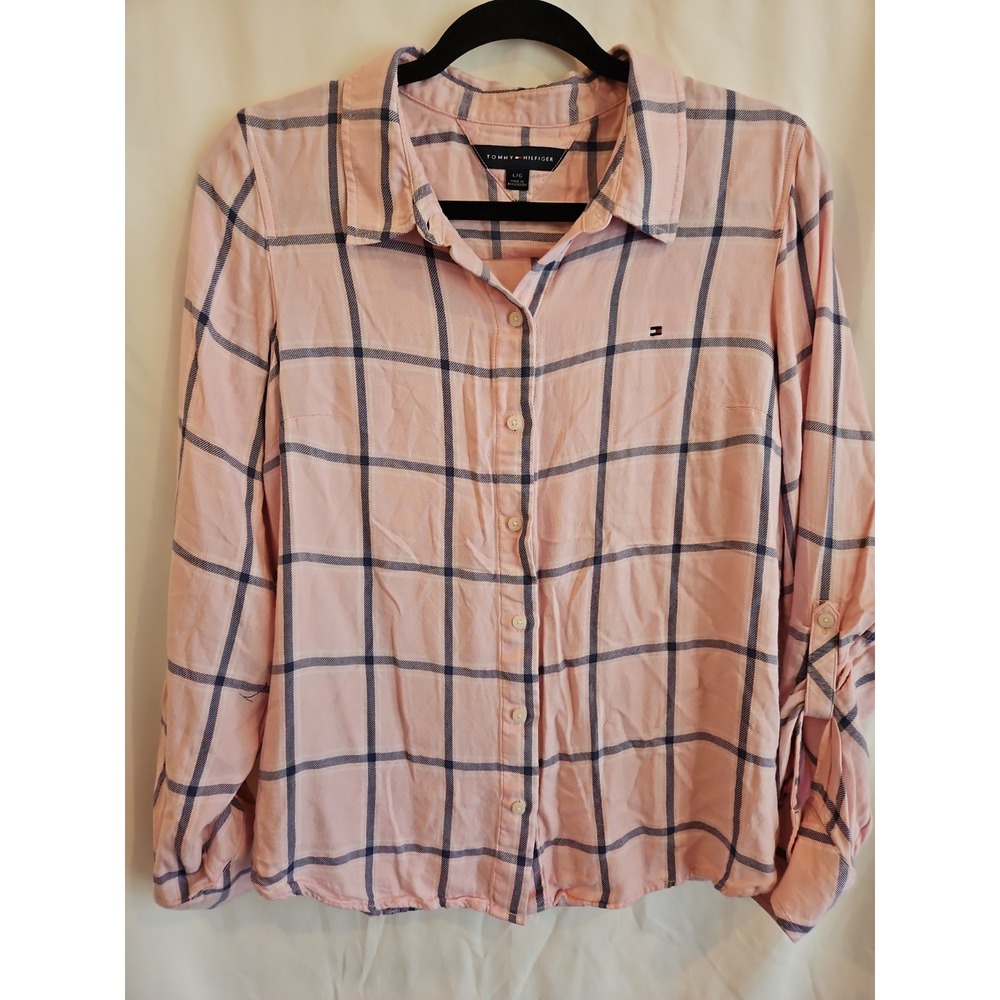 Tommy Hilfiger Womens L Pink Plaid Button Down Shirt Long Sleeve Casual Blouse